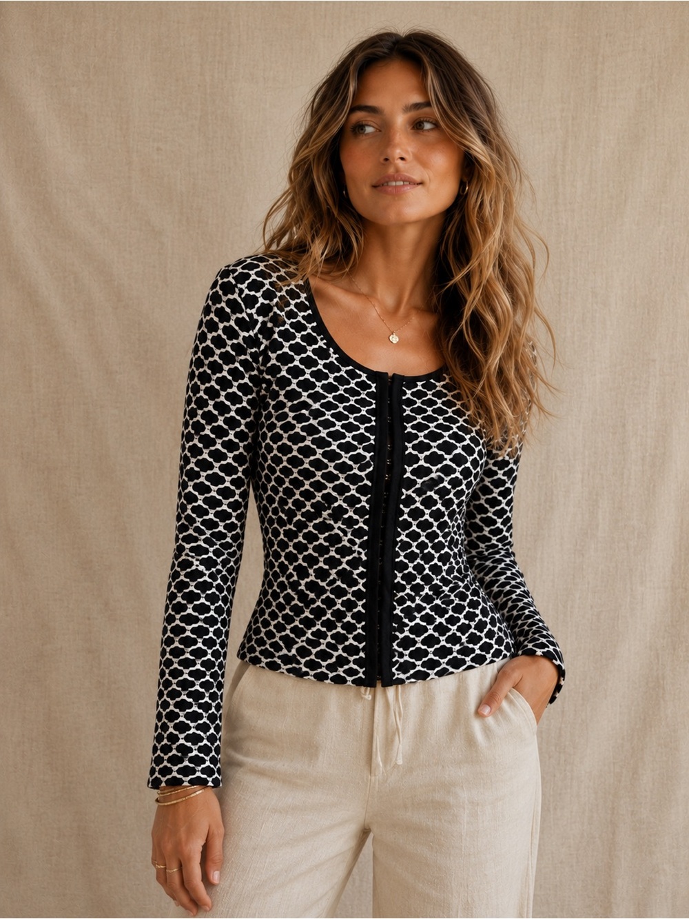 Joseph Ribkoff Black White Long Sleeve Honeycomb Eyelet Closure Top